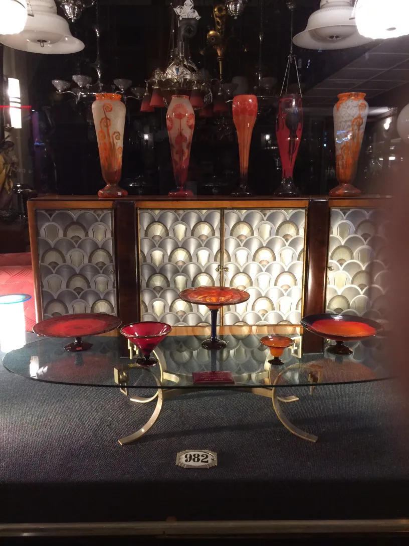 Signed glass by Schneider with colorful decoration, antique.