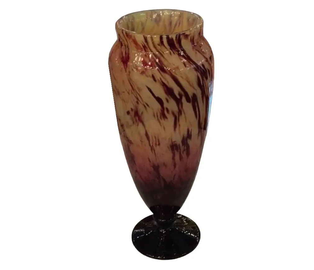 burnished glass piece with shapes in beige and red tones, antique
