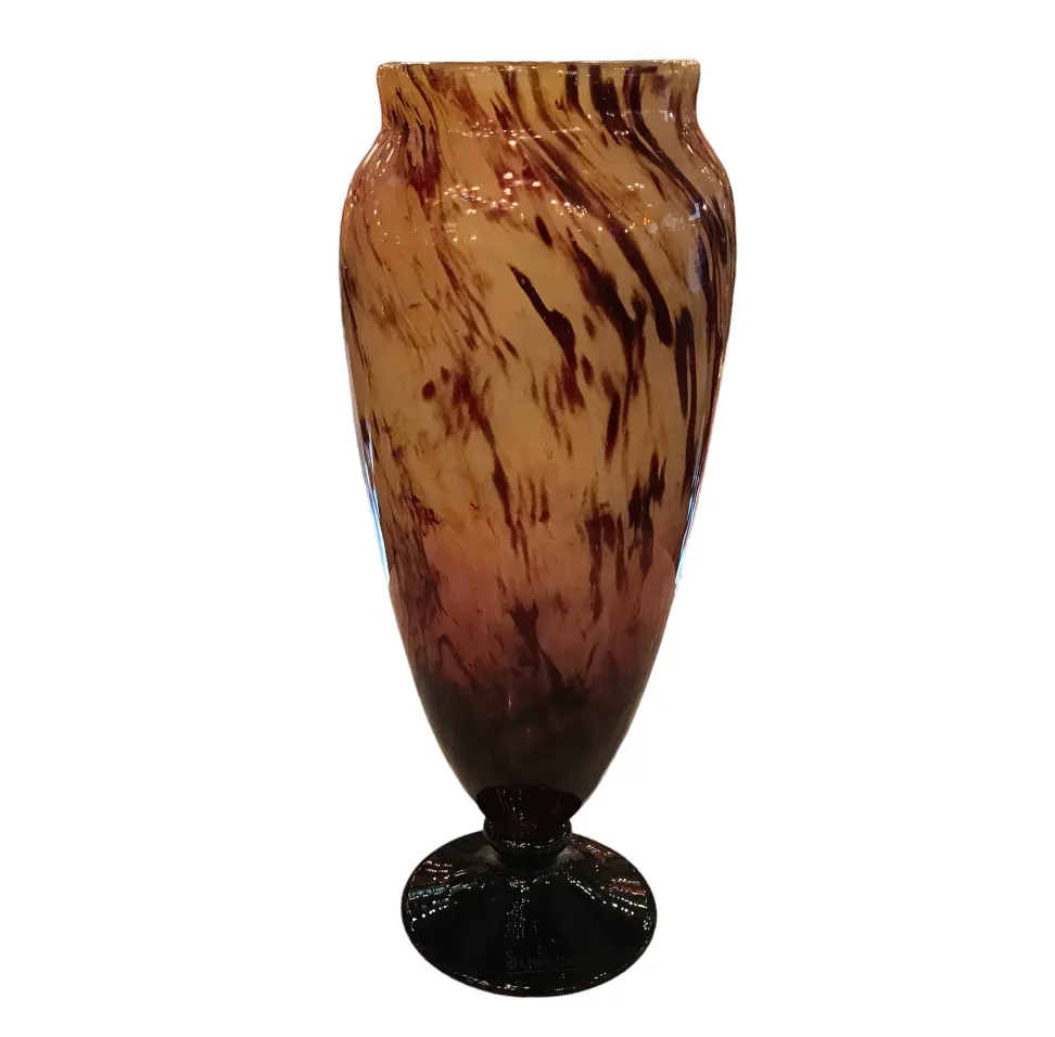 Antique signed glass vase by Schneider featuring elegant design and warm colors.