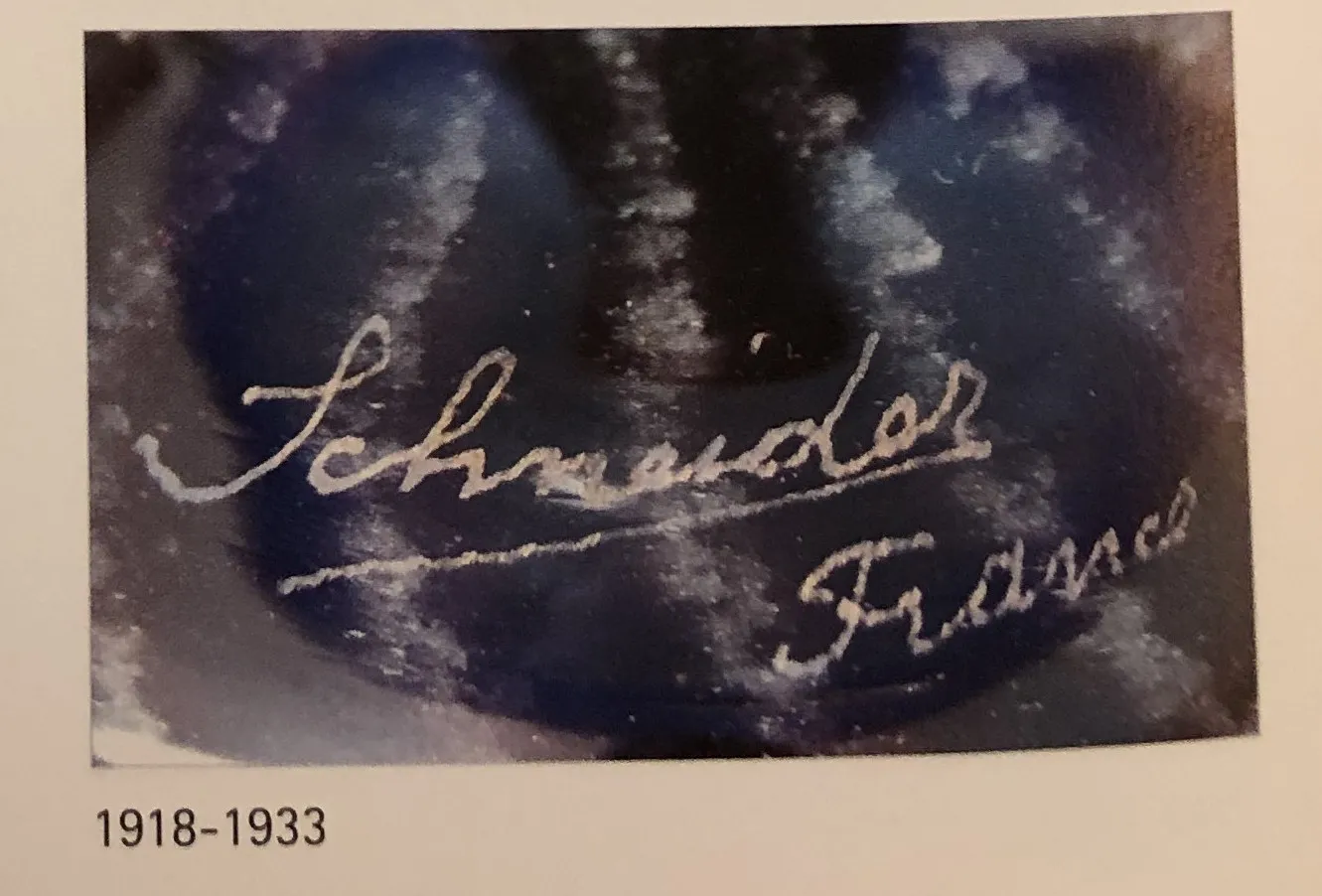 Signed glass Schneider with inscription and blue design