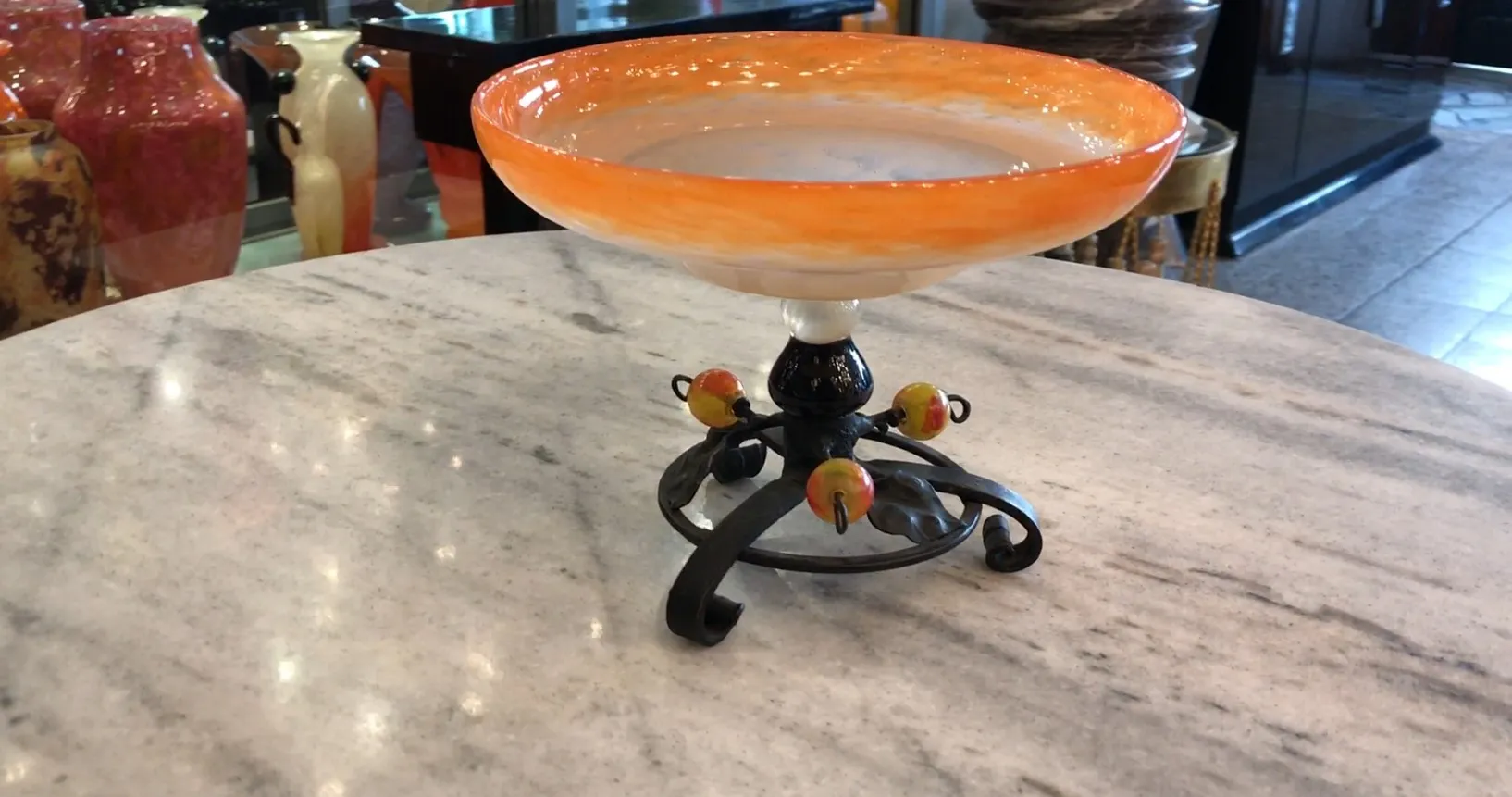 glas schale mit dekorativem ständer, antikes signiertes glas schneider