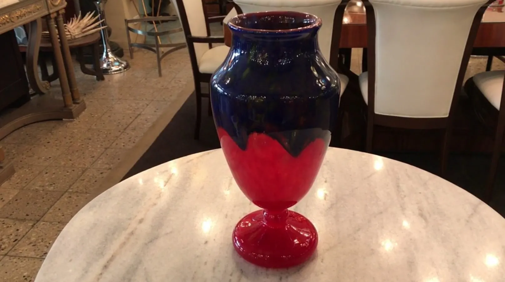vase with blue top and red base, antique item
