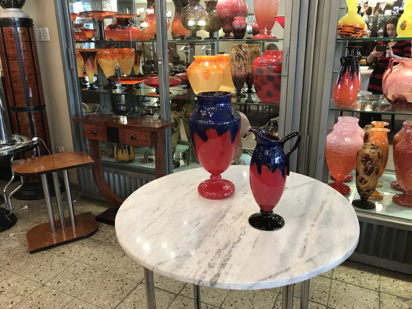 Antique glass with Schneider signature, decorative and colorful, in an elegant setting