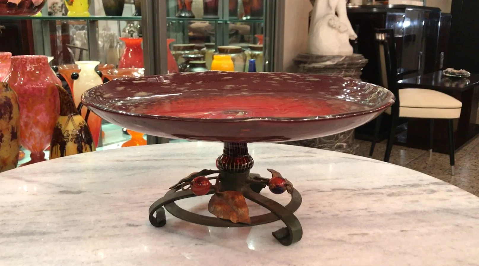 red glass bowl with decorative base, antique