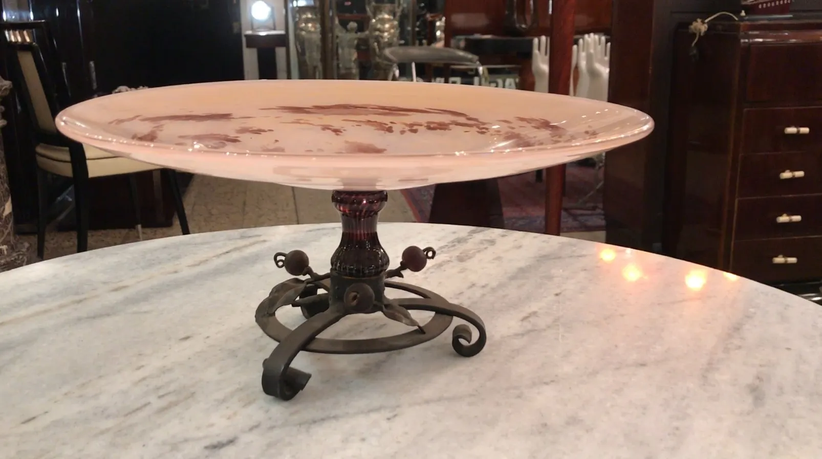 antique glass plate with ornate metal base