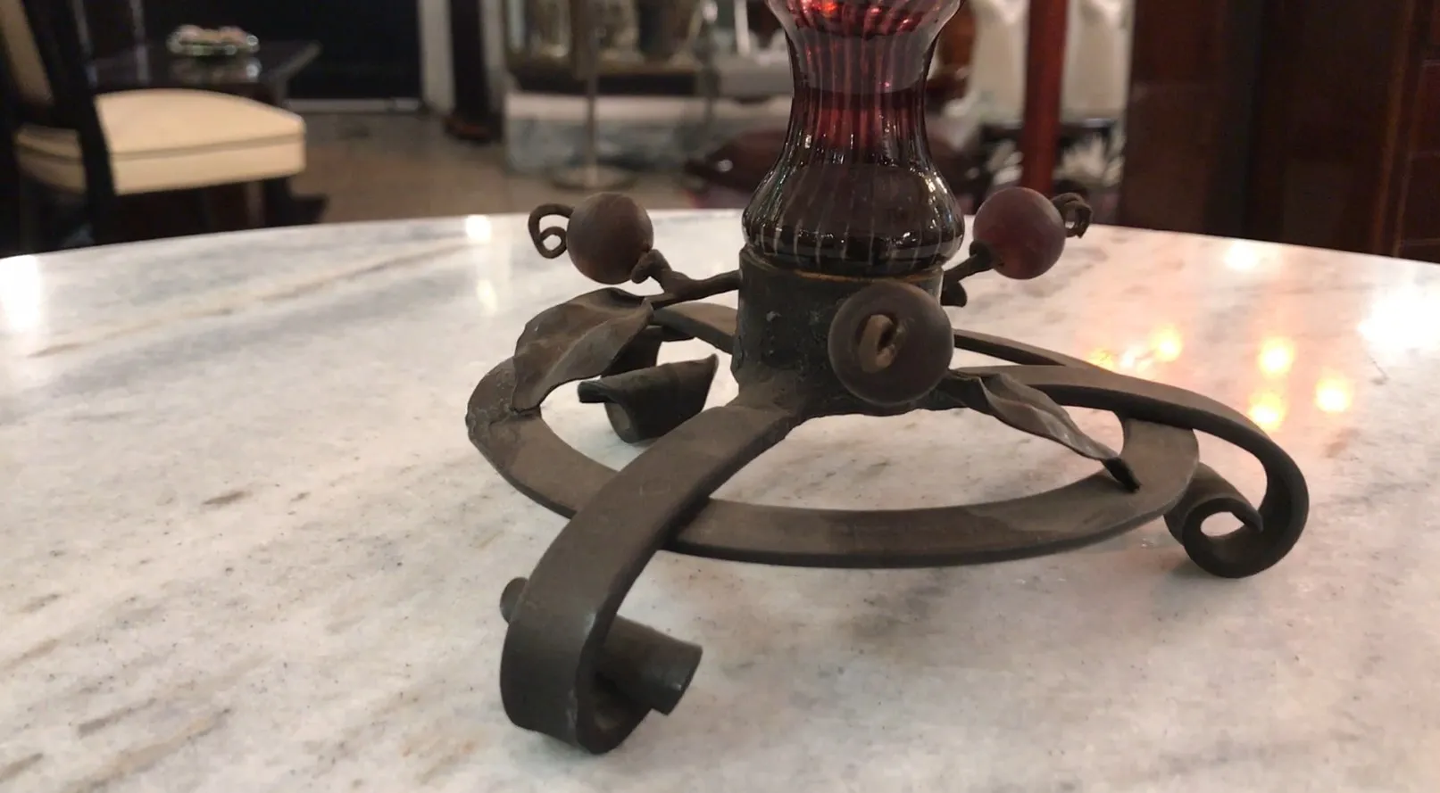 signed glass by schneider with decorative metal base