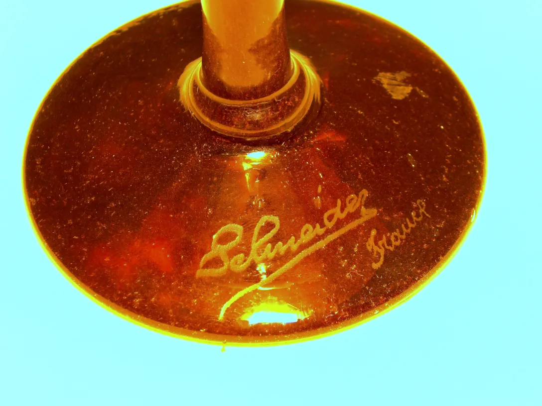 signed glass by schneider, used, with details on the base