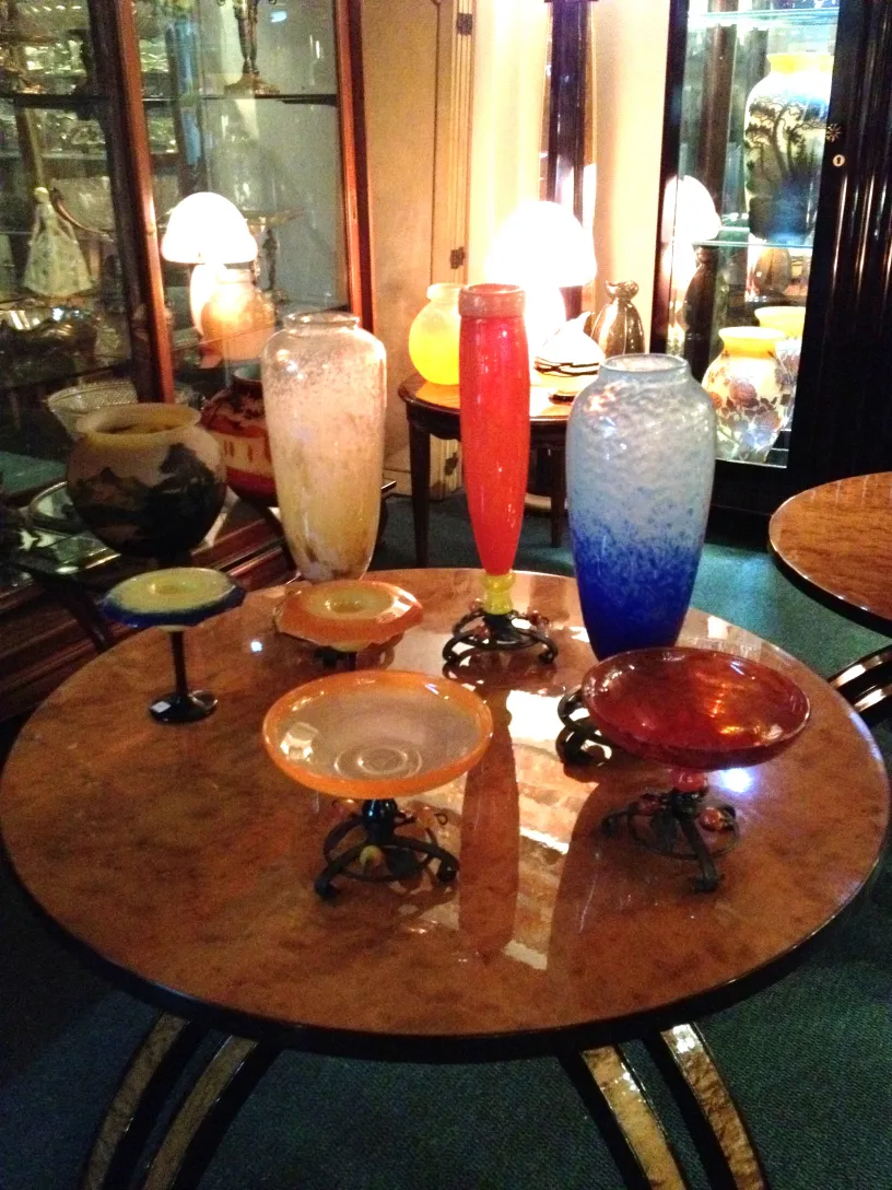 signed glass with colorful design and elegant shapes, antique