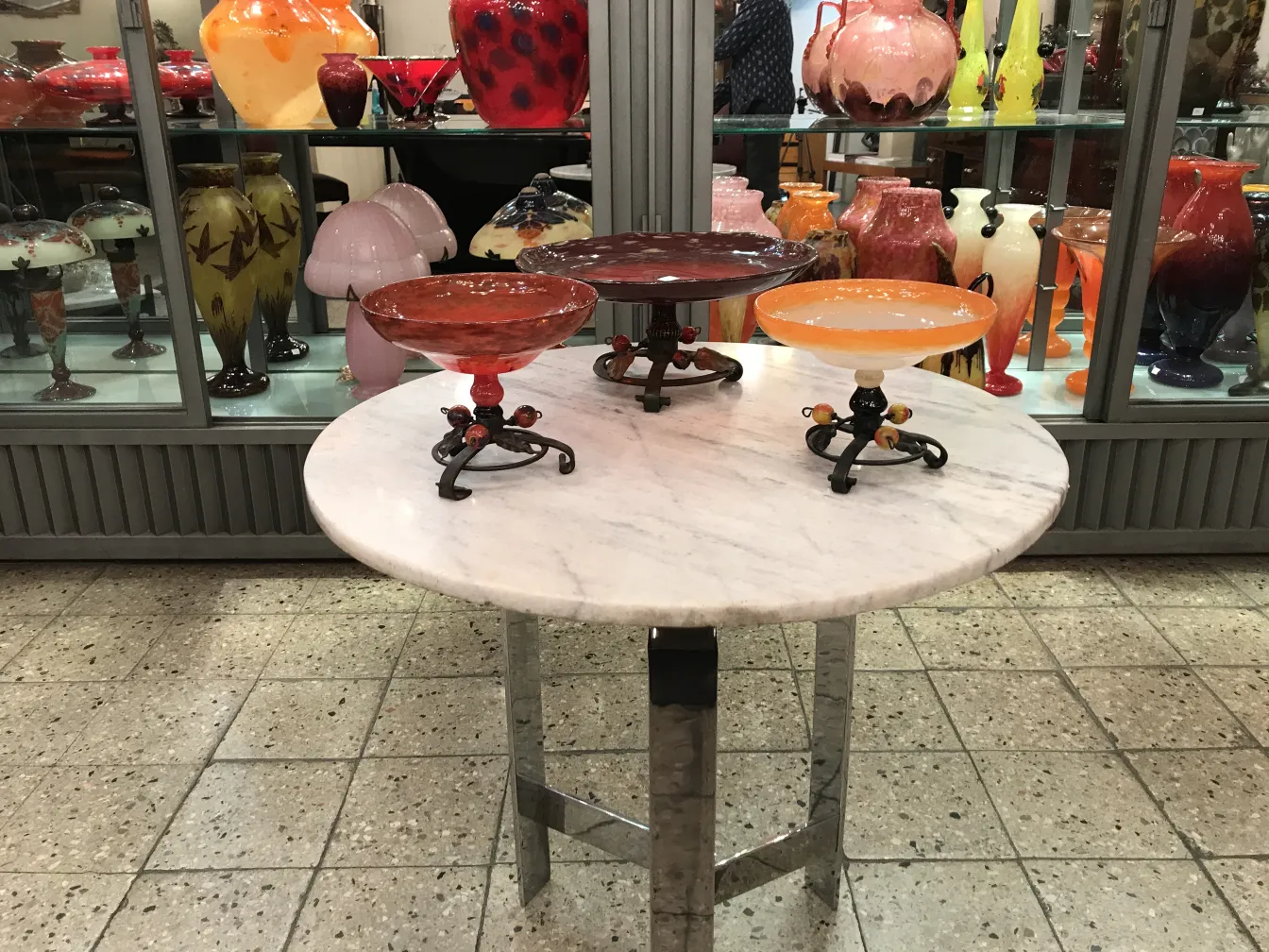 verre signé Schneider ancien sur une table ronde