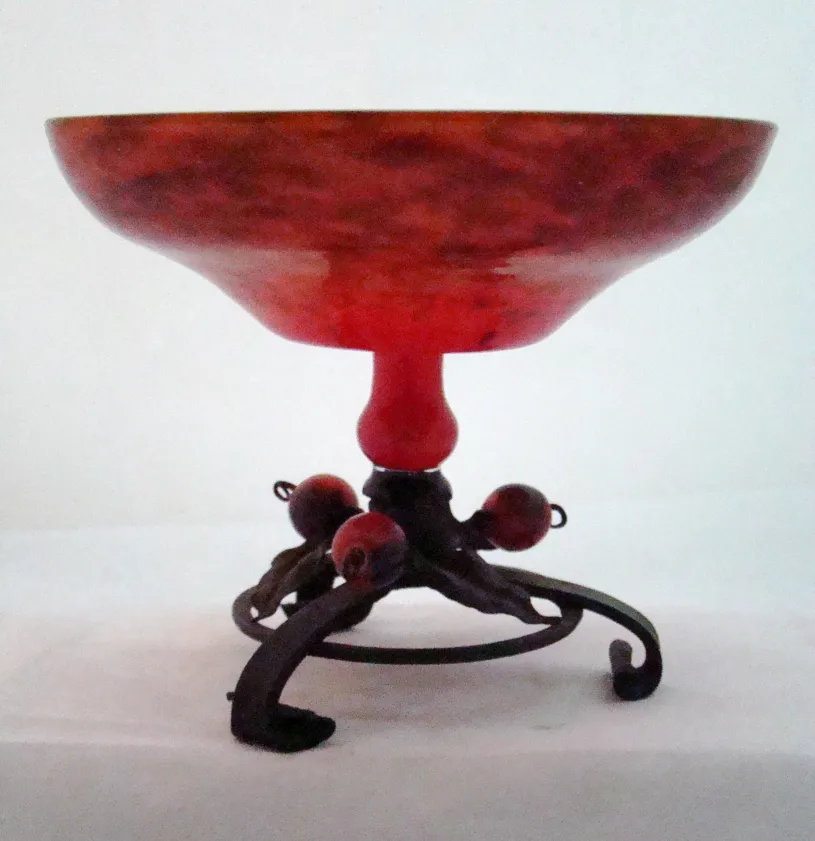 red glass bowl on metal base, antique piece