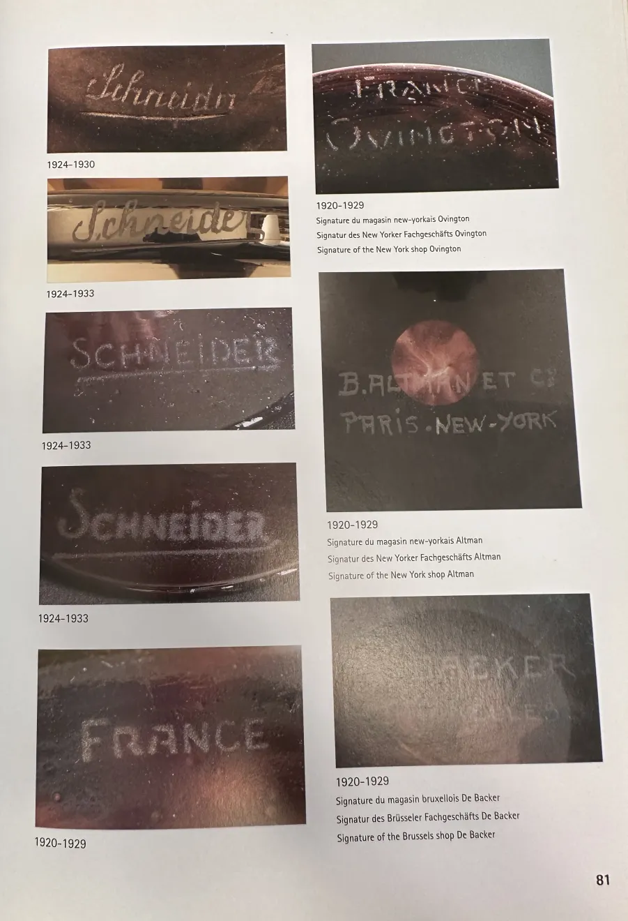 vetro firmato antico di Schneider con dettagli visibili