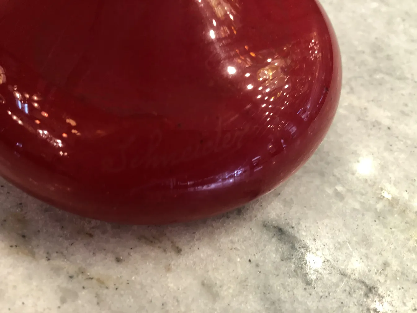 Red signed glass with inscription, French antique.