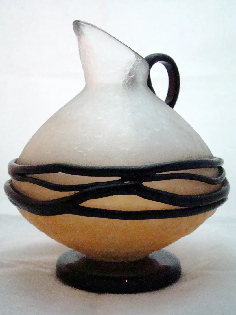 Signed glass in elegant design with base and handles, antique