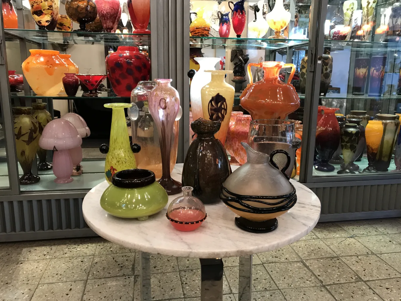 Colección de antigüedades; vidrio firmado Schneider francés entre otras piezas decorativas