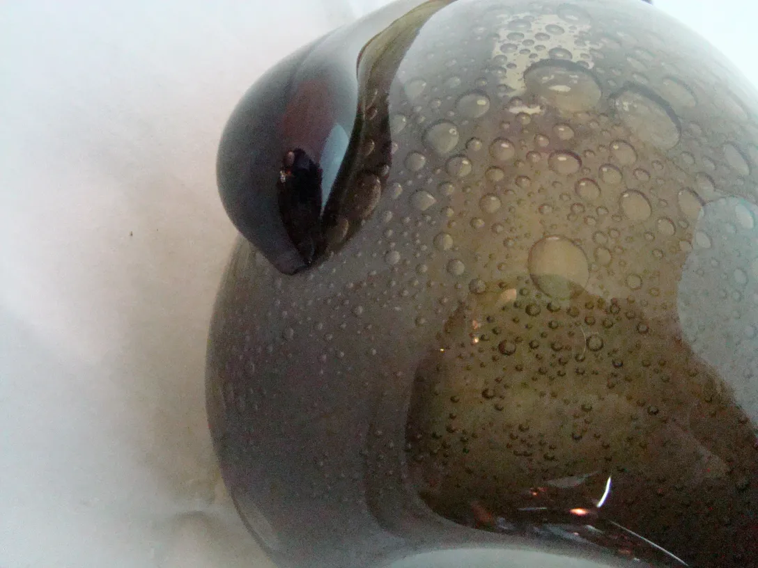 vidro antigo com gotas e design suave, assinatura visível