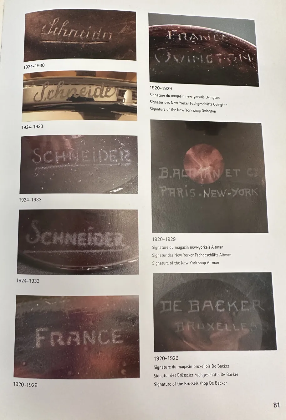 Vidro assinado de Schneider com detalhes antigos.