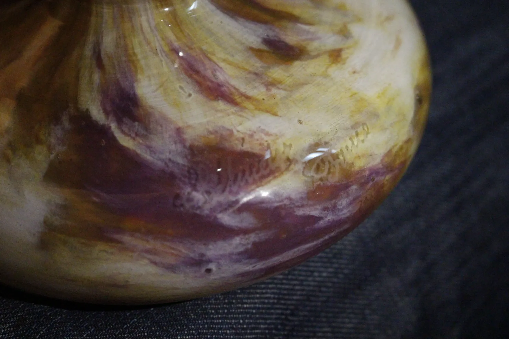 Signed glass by Schneider with purple and yellow design, French antique.