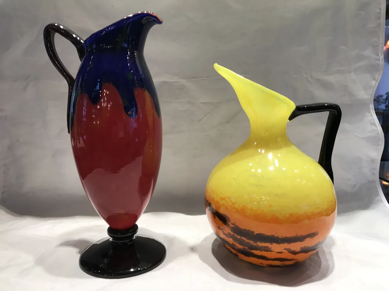 antique, multicolored pitcher of signed glass Schneider