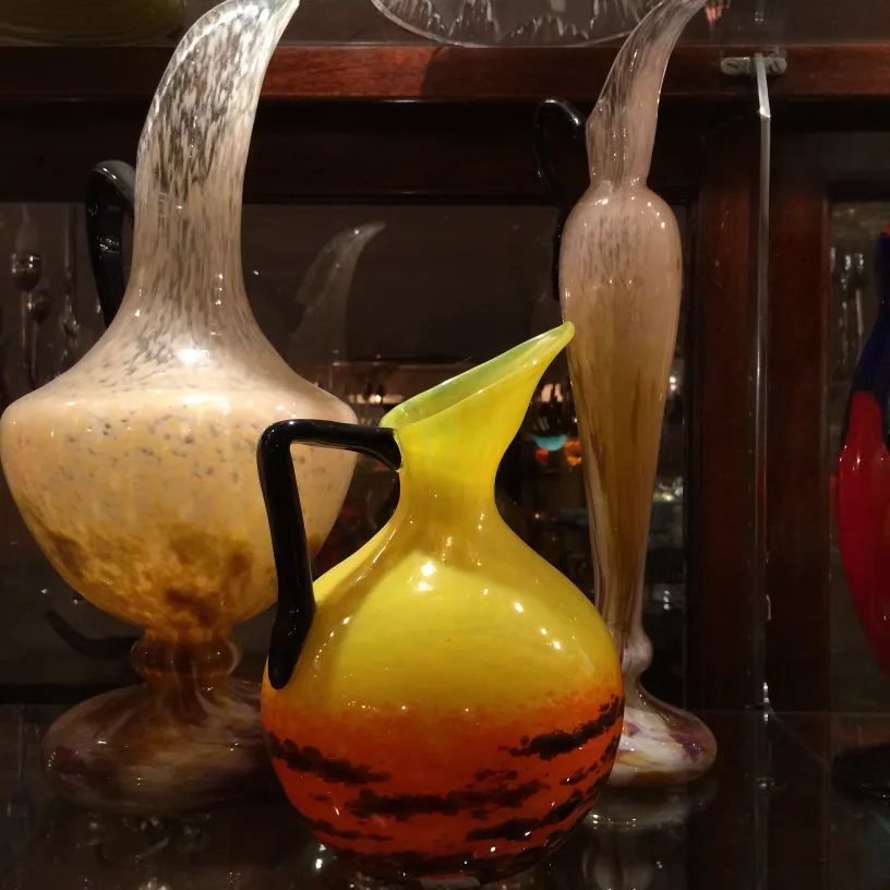 yellow signed glass with decorative base, antique