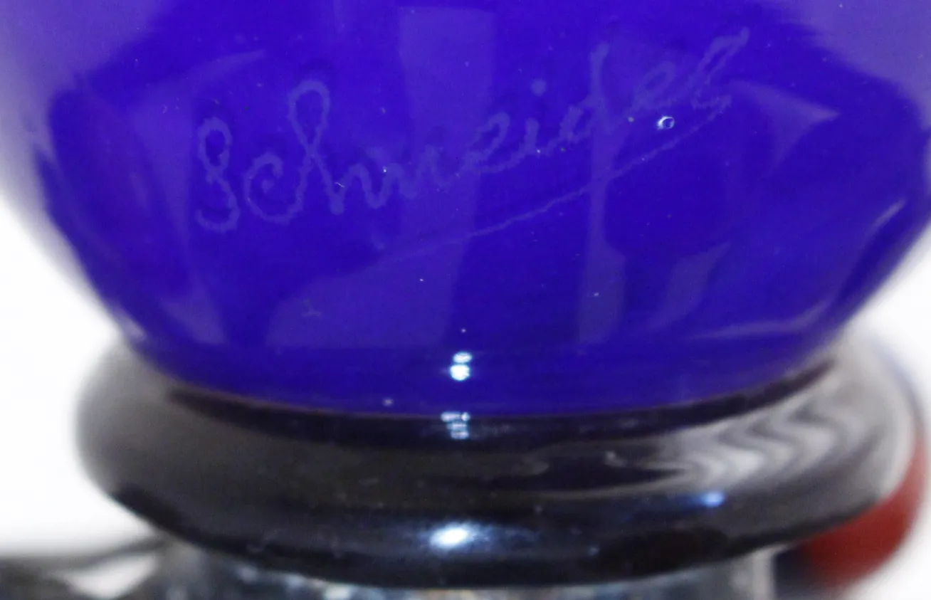 Antique blue signed glass with visible signature of Schneider