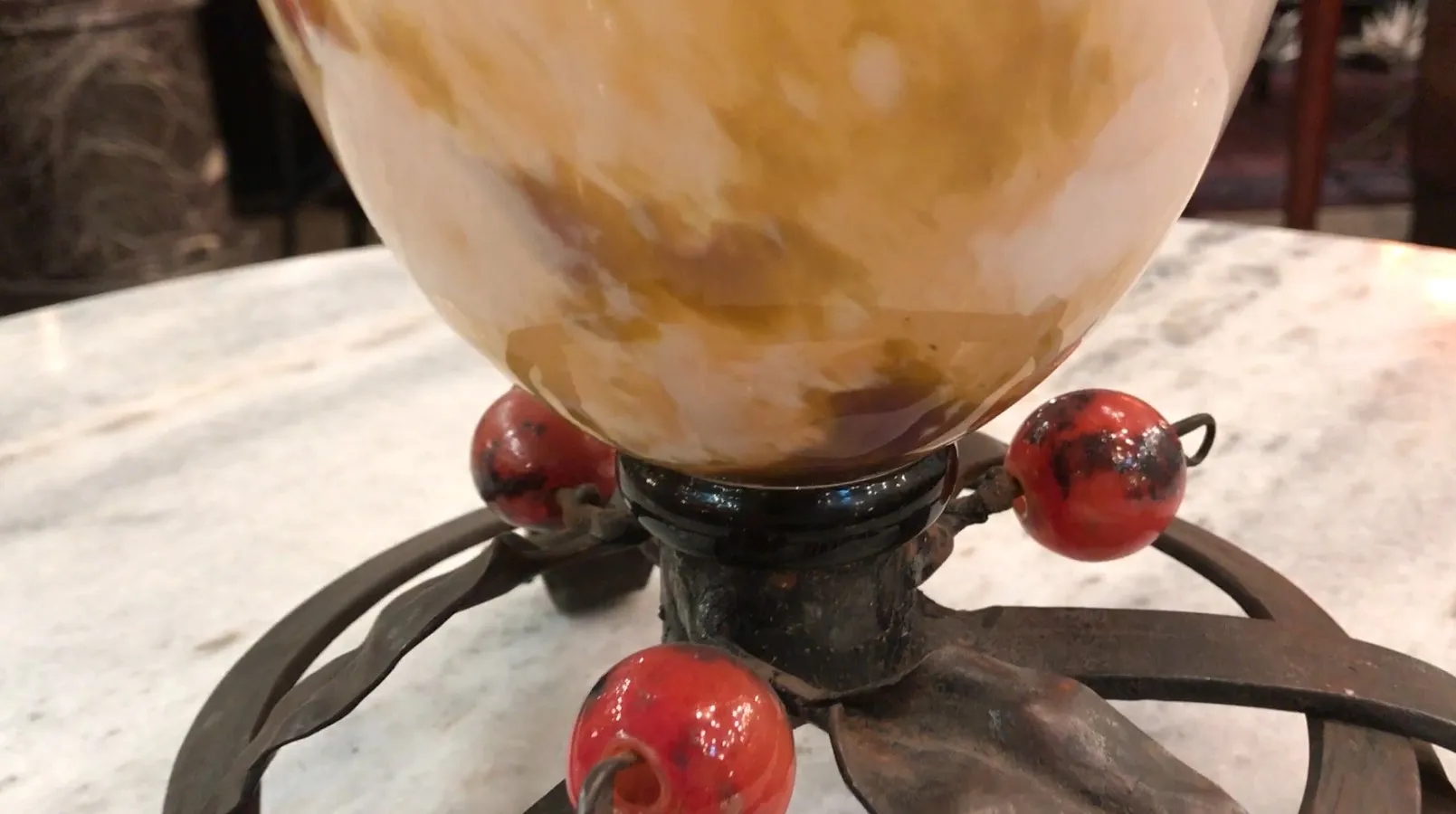 Signed glass Schneider, French antique, podium with decorative red accents