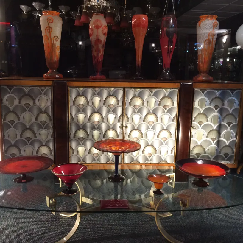 Antique signed glass Schneider French with vibrant colors, decorated, elegant setting.