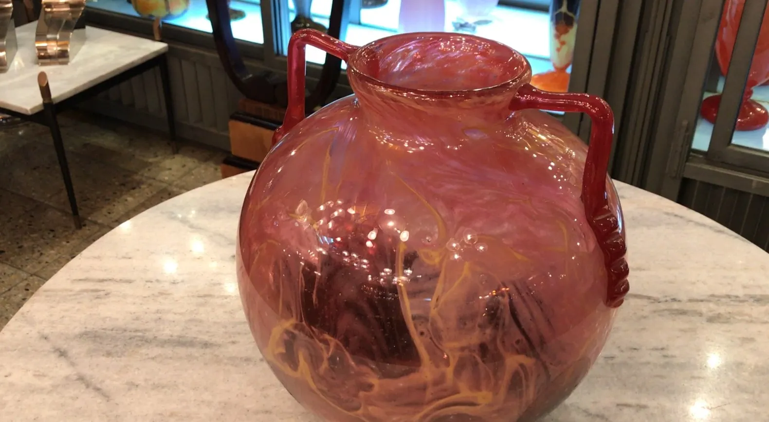 antique signed glass schneider in pink and yellow hues