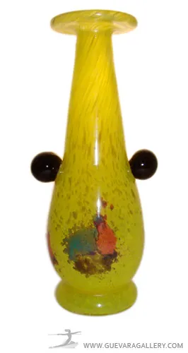 vase antiquado de vidro assinado schneider em amarelo com decorações