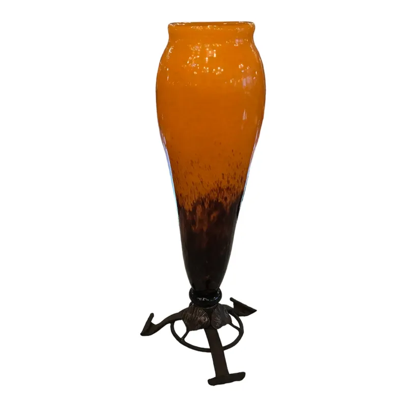 amber signed glass vase with decorative base