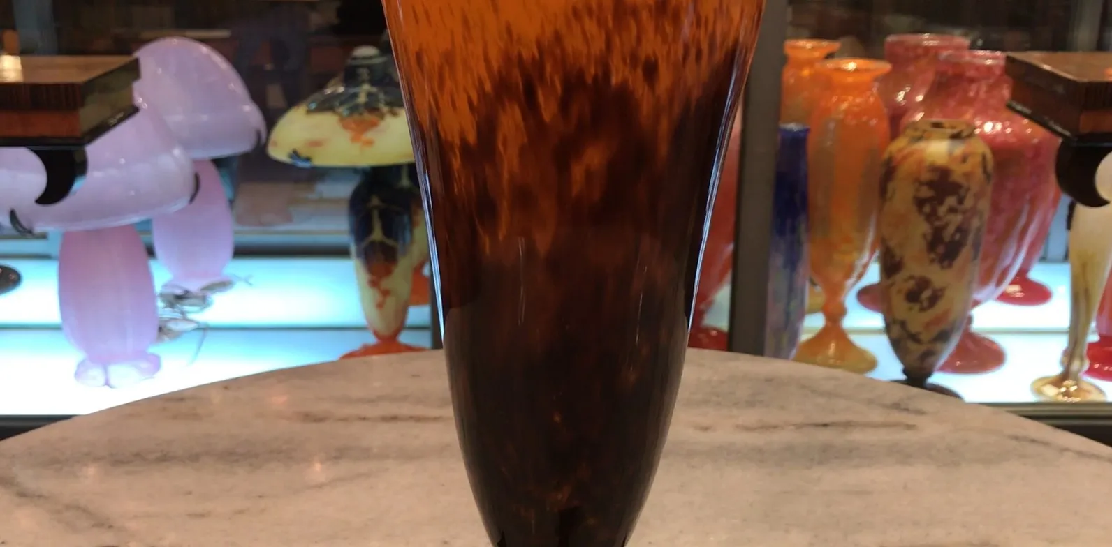 signed glass featuring brown and black details, antique French