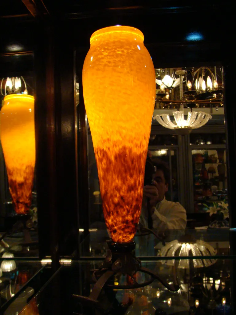 antique signed glass vase by Schneider with amber color and details