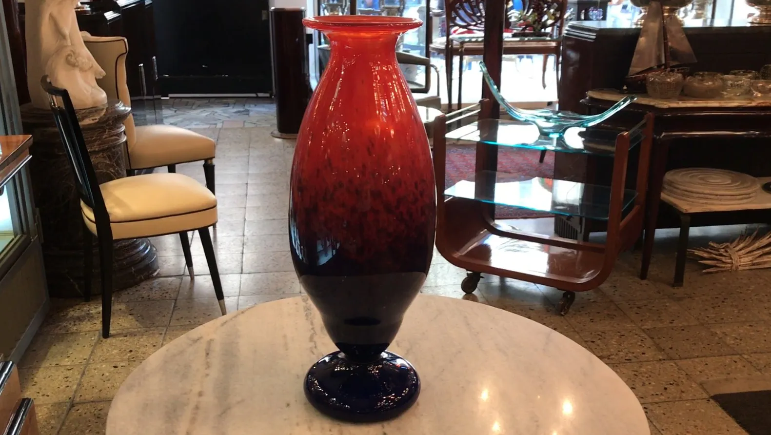 decorative signed glass vase by Schneider in red and blue
