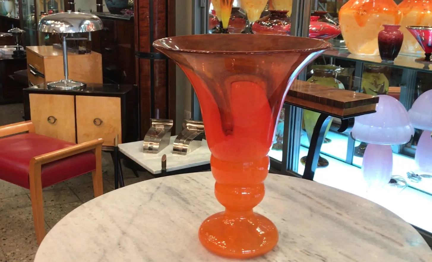 Antique signed glass in warm colors with a wide base and wide opening, unique decoration