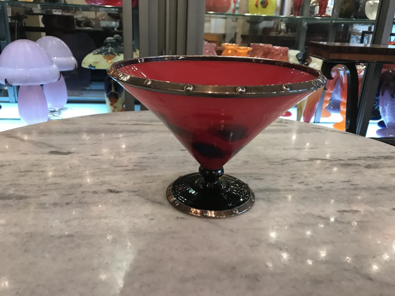 antique signed glass Schneider red color with black base