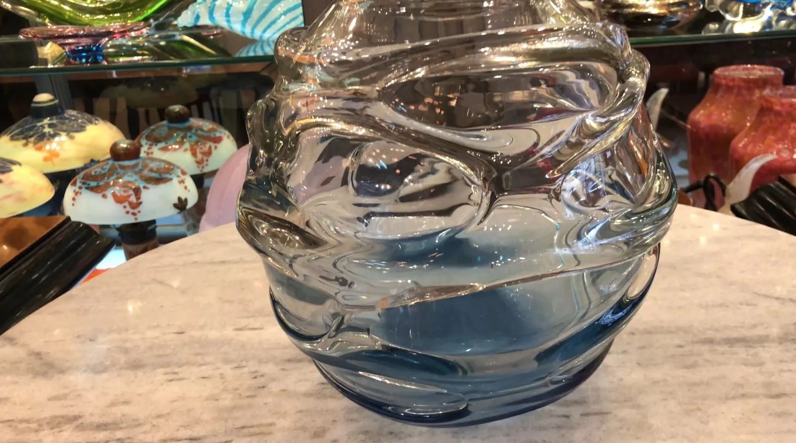 signed glass with pattern in blue and clear tones, antique