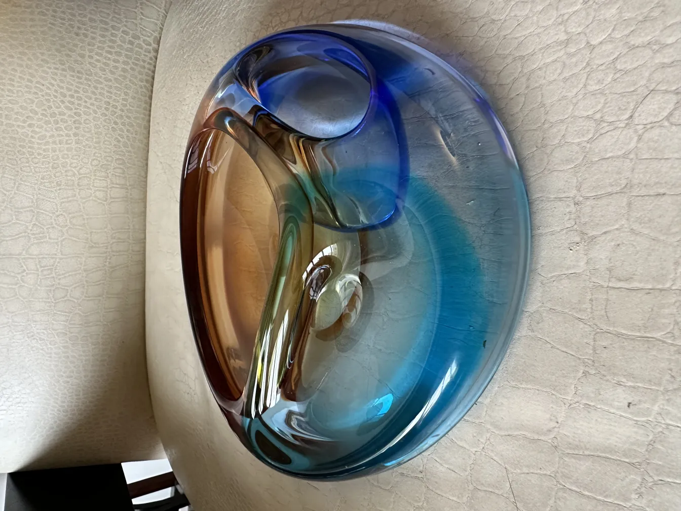 Plat décoratif ancien en cristal de Murano dans des teintes bleu, vert et marron