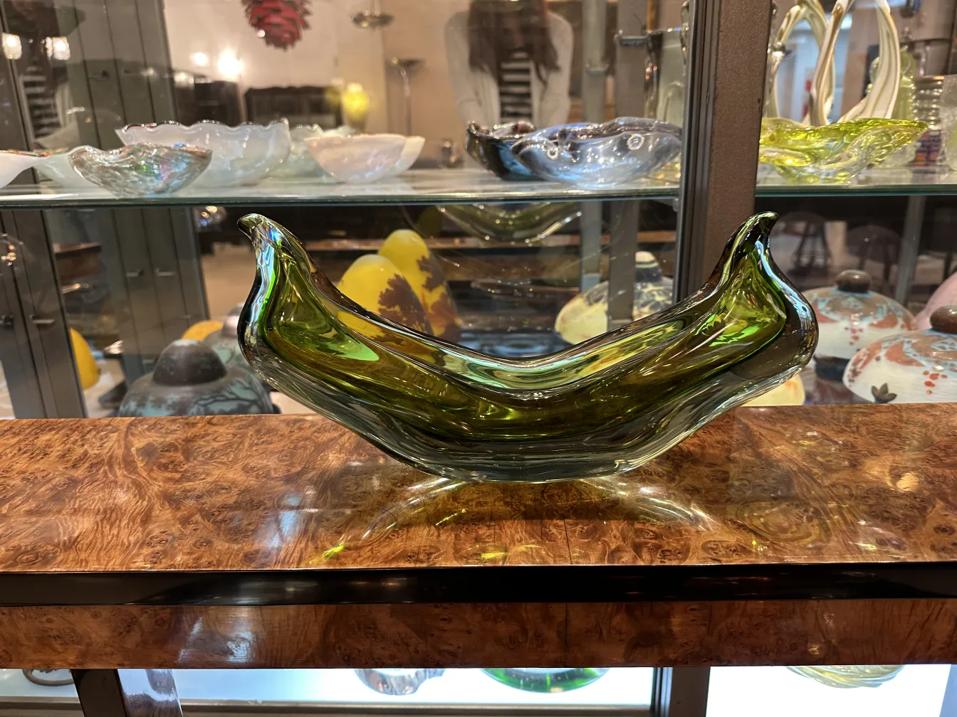 Antique Murano glass in wavy green shape