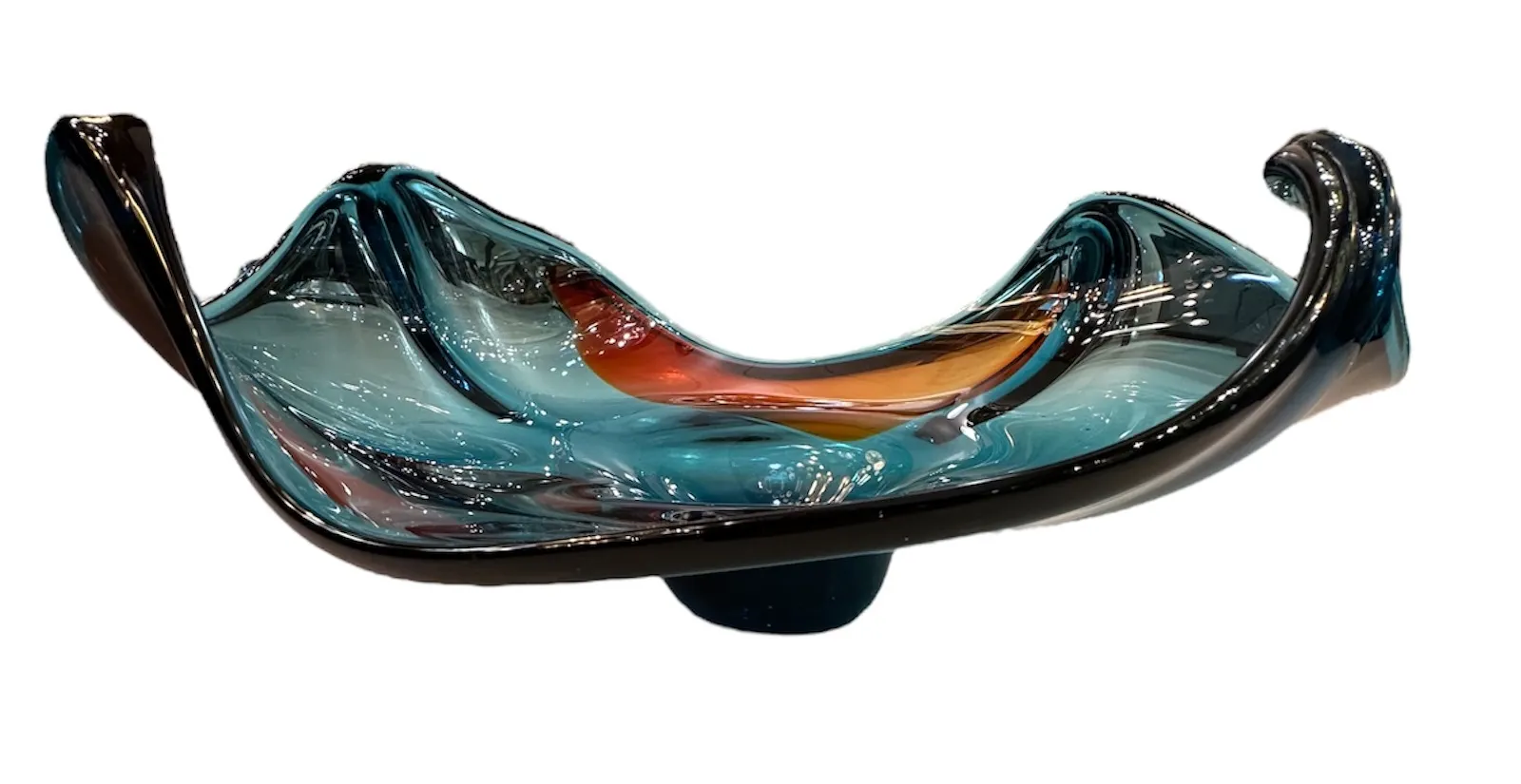 Bella pezzo in vetro di murano con toni blu e arancio