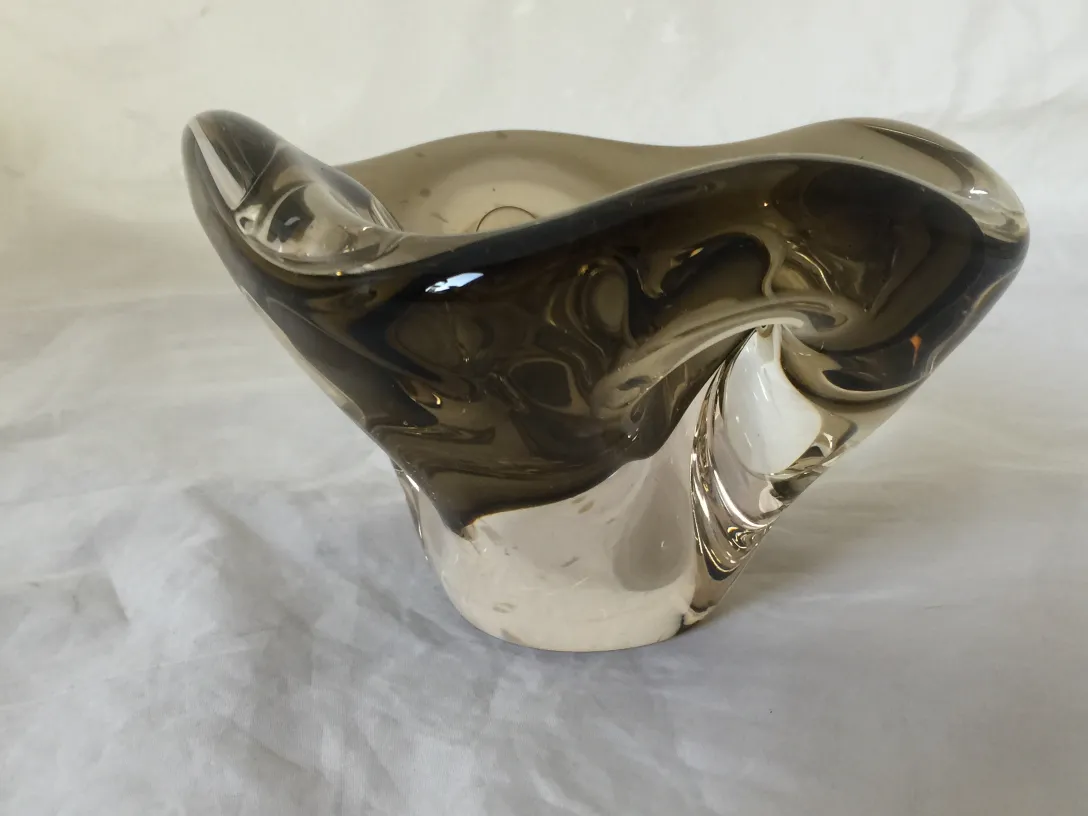 elegant antique murano glass piece in dark tones and fluid shapes