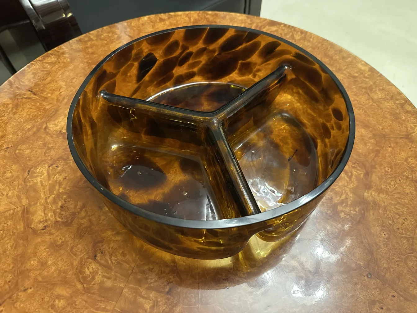murano glass bowl with three sections and amber tone
