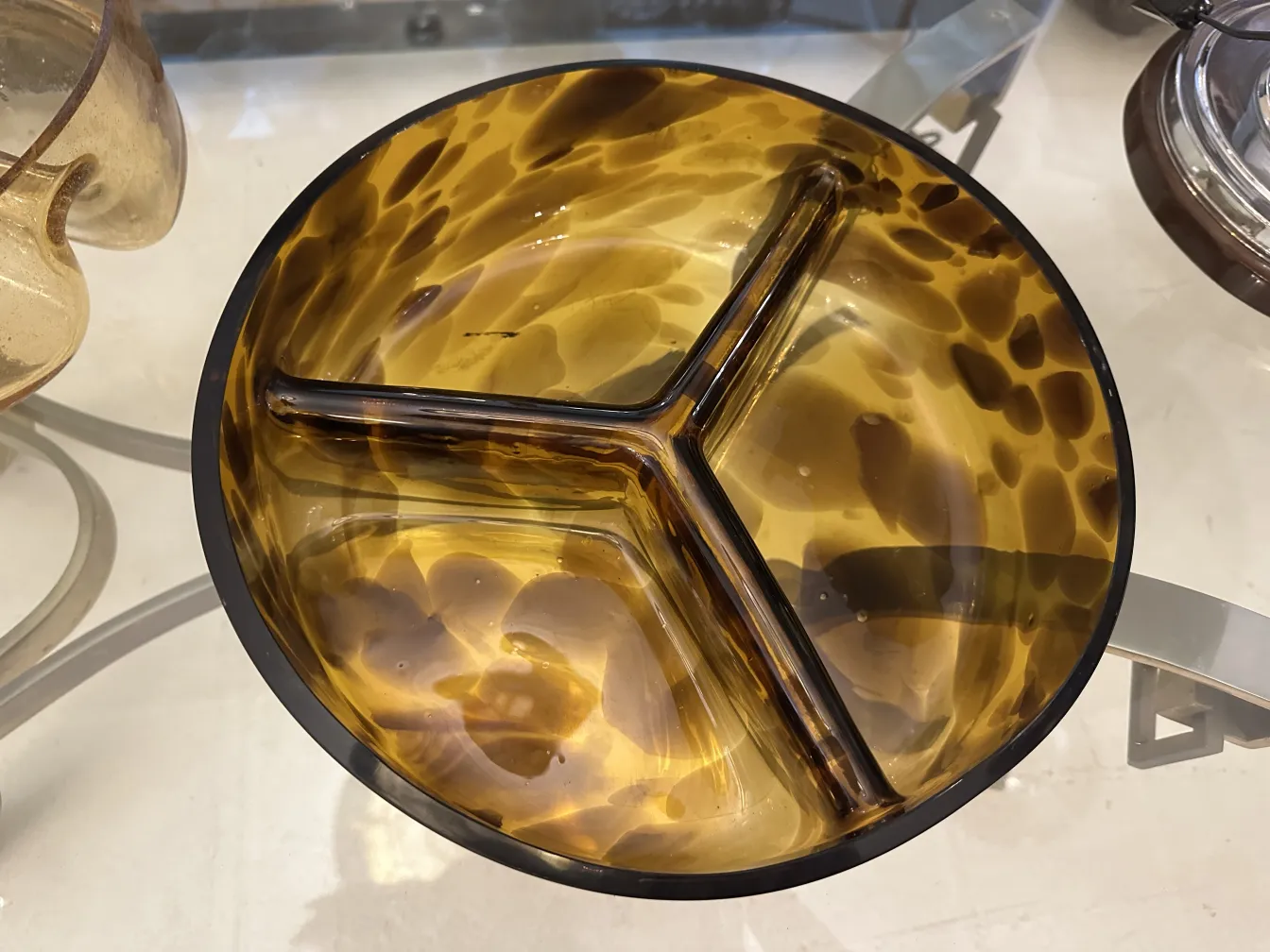 antique murano glass dish in brown and yellow tones