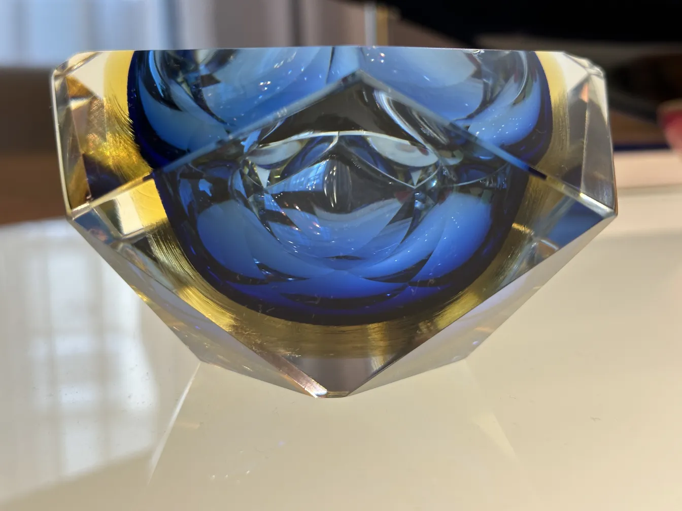 antique murano glass featuring light and dark blue tones