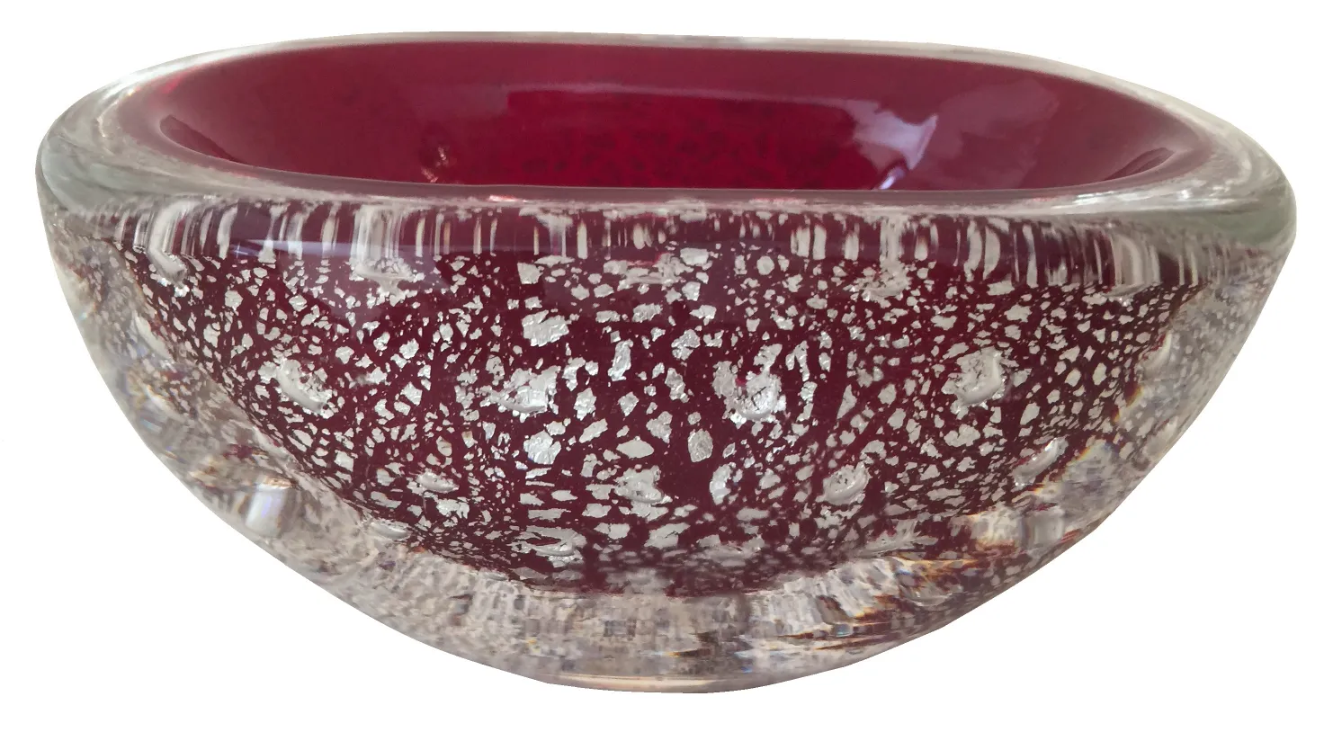bowl antigua de cristal de murano con detalles en rojo y plata
