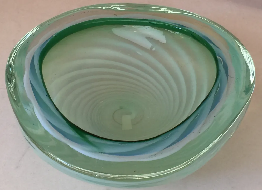 antique murano glass bowl in green with clear details