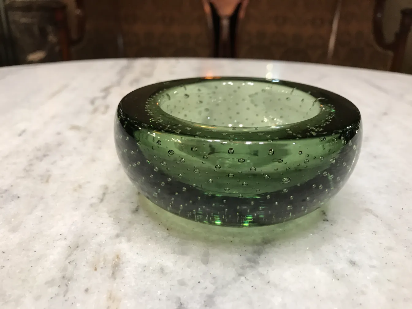 antique murano glass tray, green with bubbles