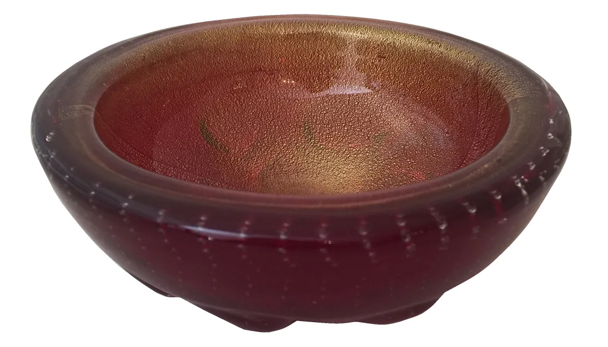 bol ancien en cristal de murano avec des teintes rouges et dorées