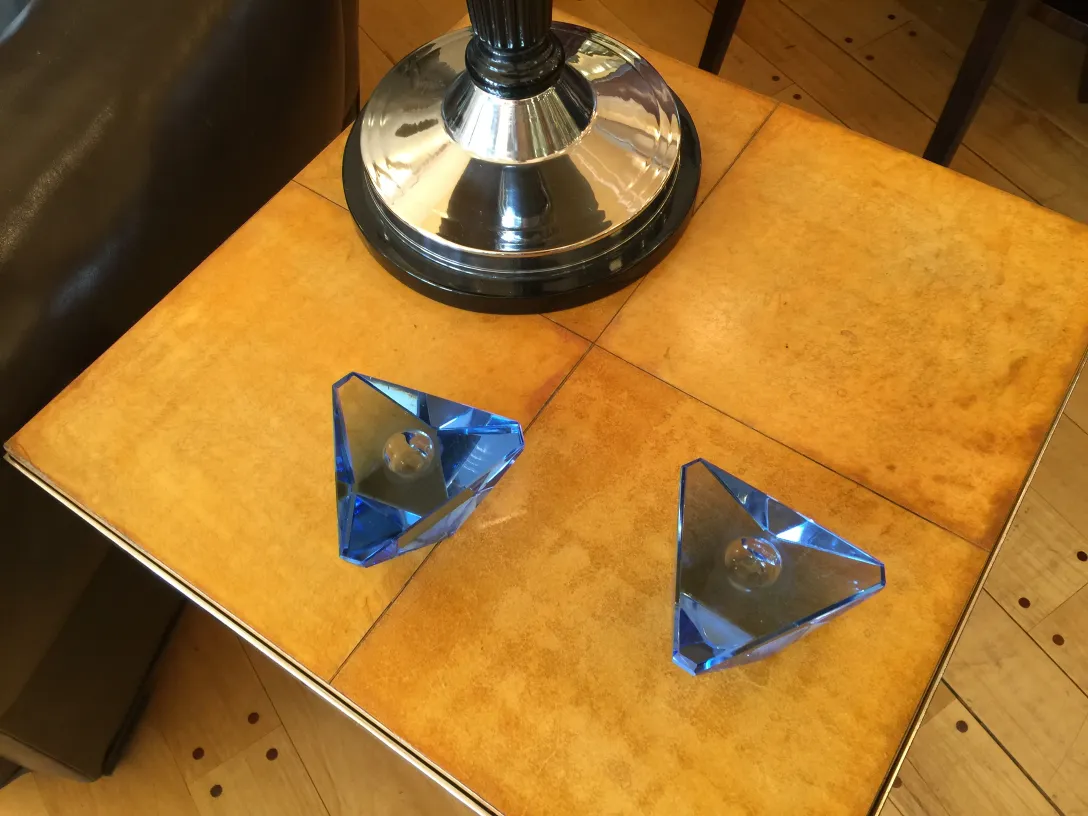 two antique murano glass pieces in triangular blue shape
