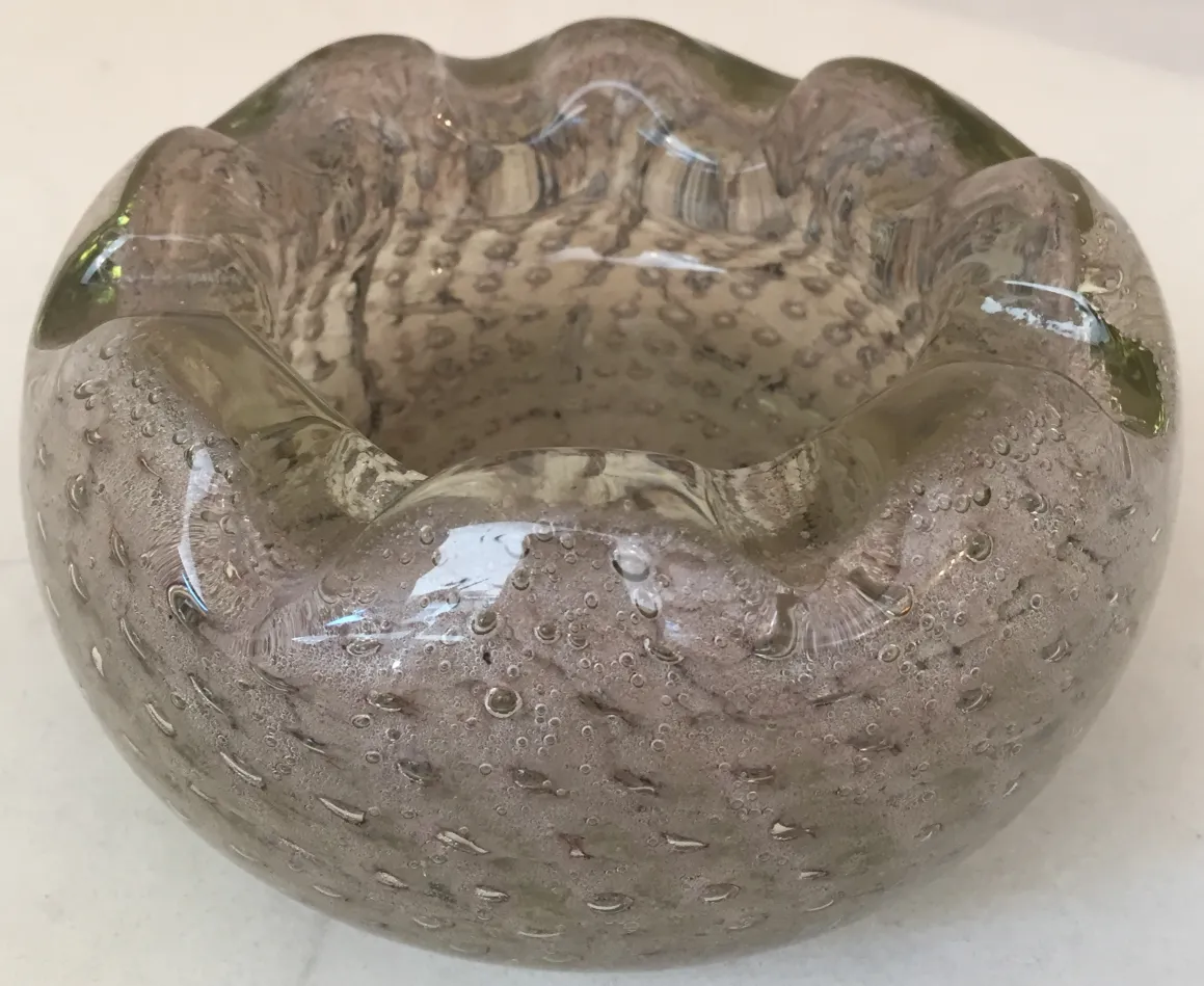 antique murano glass decorative piece with bubbles and wavy edge