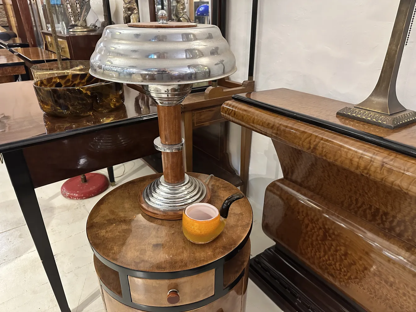 Lampe antique avec abat-jour en cristal de Murano et base en bois