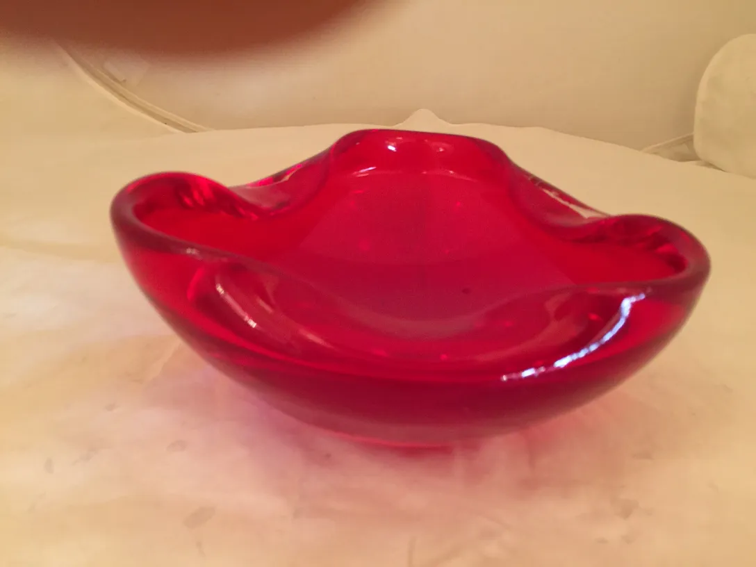 antique murano glass ashtray red with wavy shape